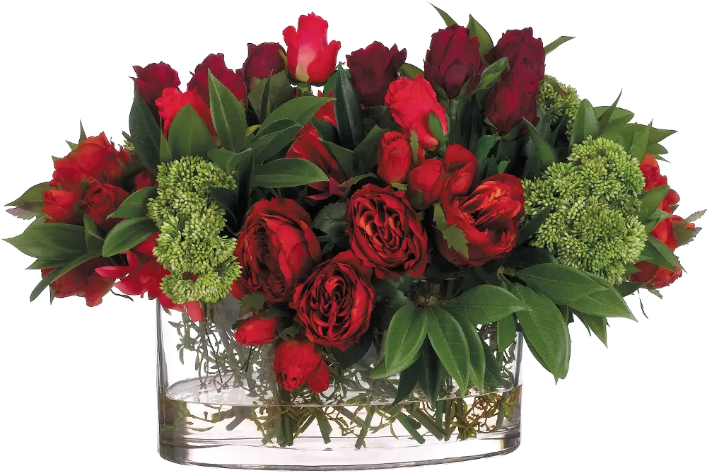 Red and Green Rose and Dahlia Faux Arrangement in Glass Vase-1