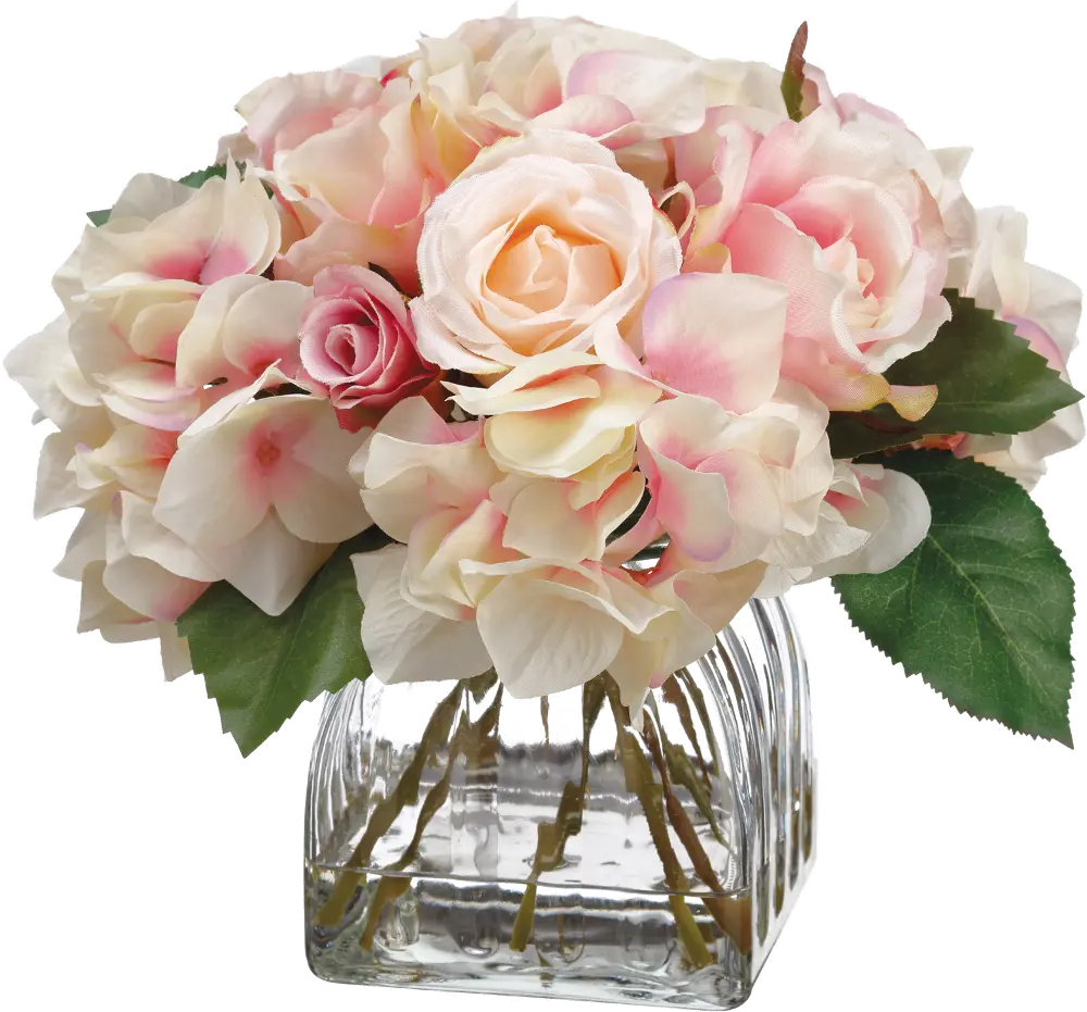 Fuchsia Pink Hydrangea and Rose Arrangement in Glass Vase-1