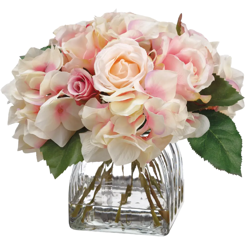 Fuchsia Pink Hydrangea and Rose Arrangement in Glass Vase-1