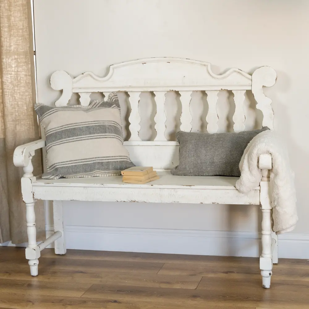 Distressed White Wooden Antique Bench-1