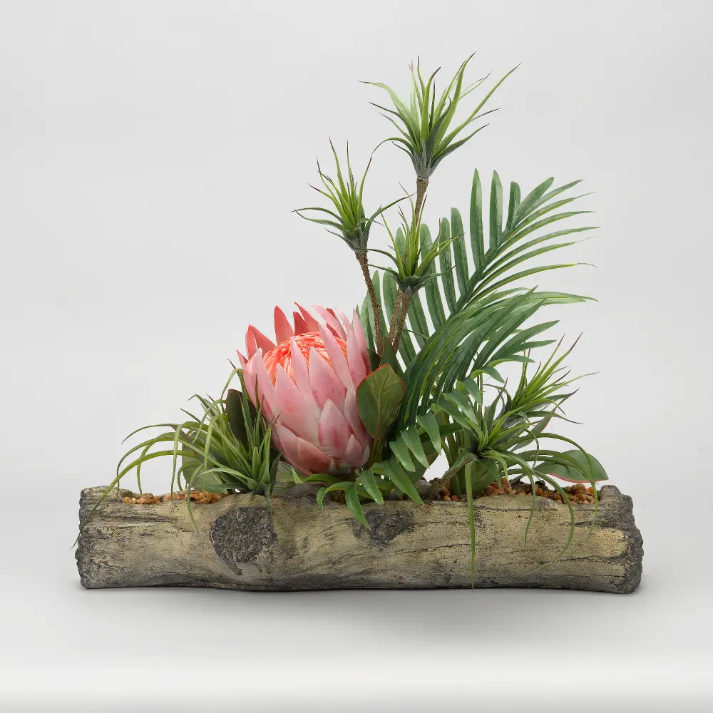 Faux Pink King Protea with Palm Fronds Arrangement on Cement Log-1
