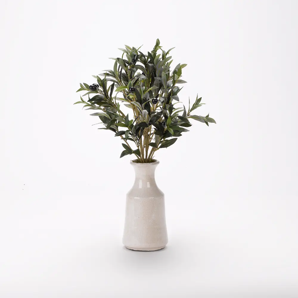 Faux Olive Spray Arrangement in White Ceramic Planter-1