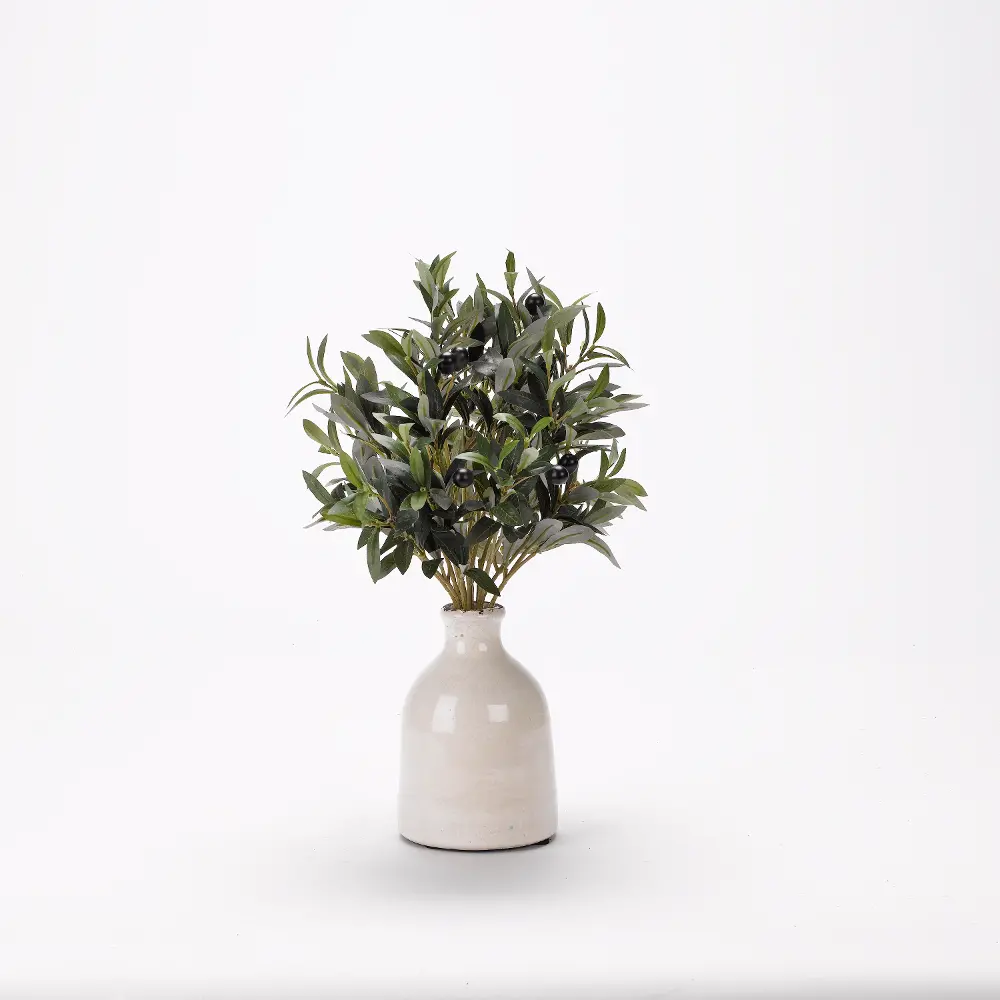 Faux Olive Spray in White Ceramic Bottle Vase-1