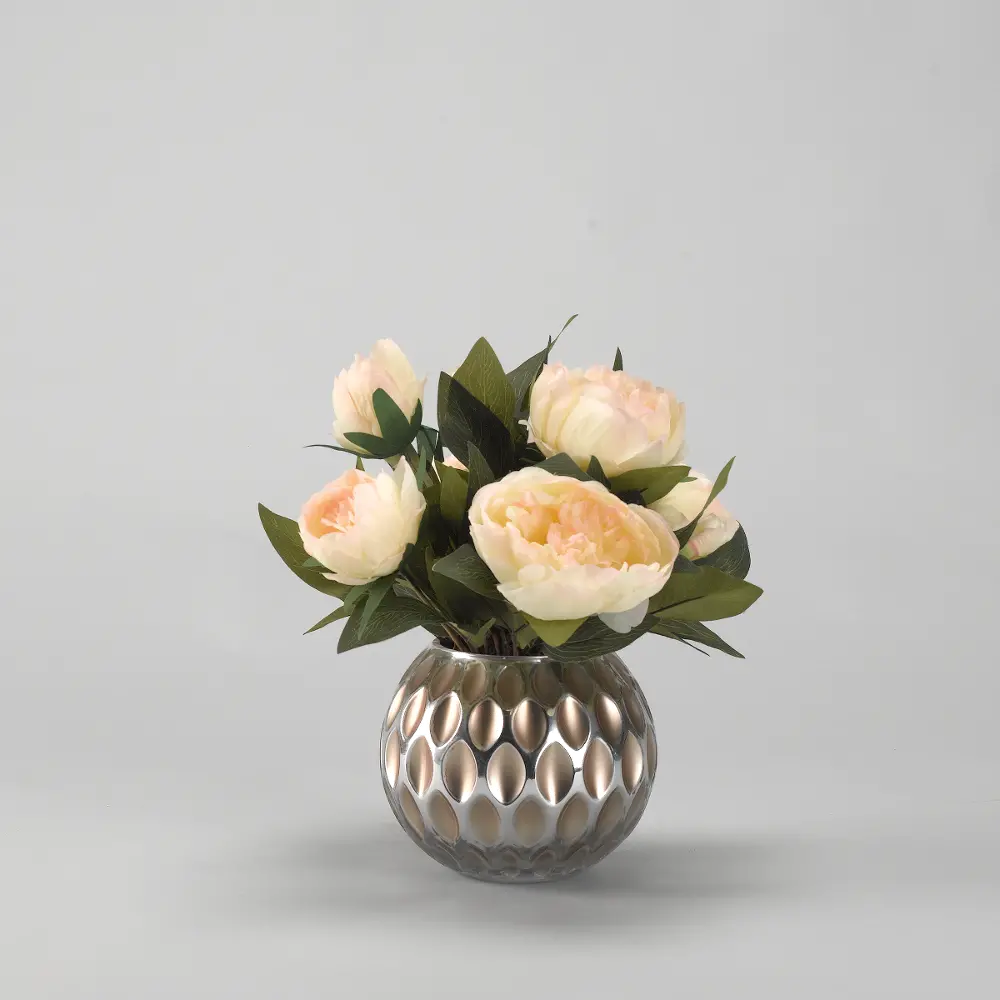 Faux Cream Peony Arrangement in Matte Silver Glass Ball Vase-1