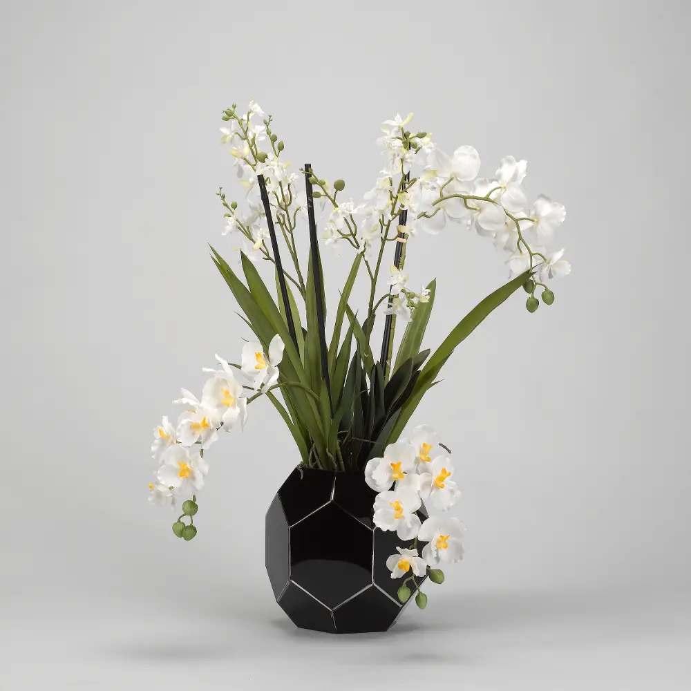 Faux Cream Dendrobium and Orchids Arrangement in Black Planter-1