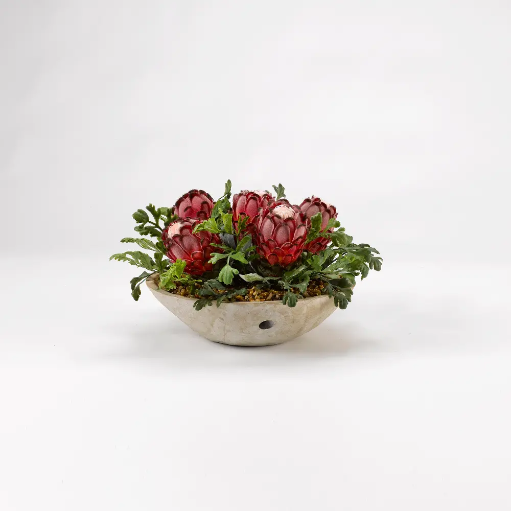 Red Royal Proteas with Hares Foot Fern Arrangement in Wooden Bowl-1