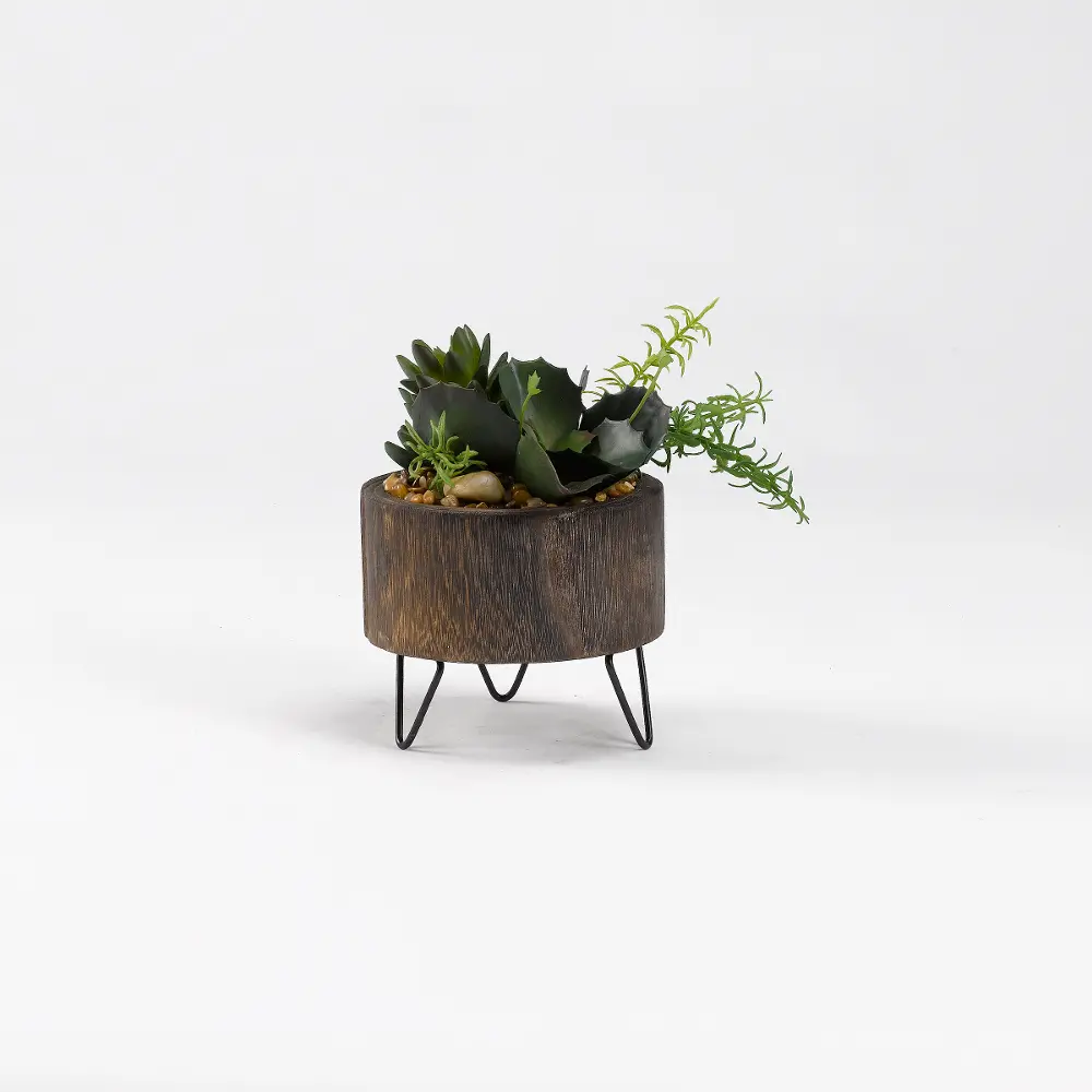 Faux Succulent Arrangement in Rustic Wood Planter-1