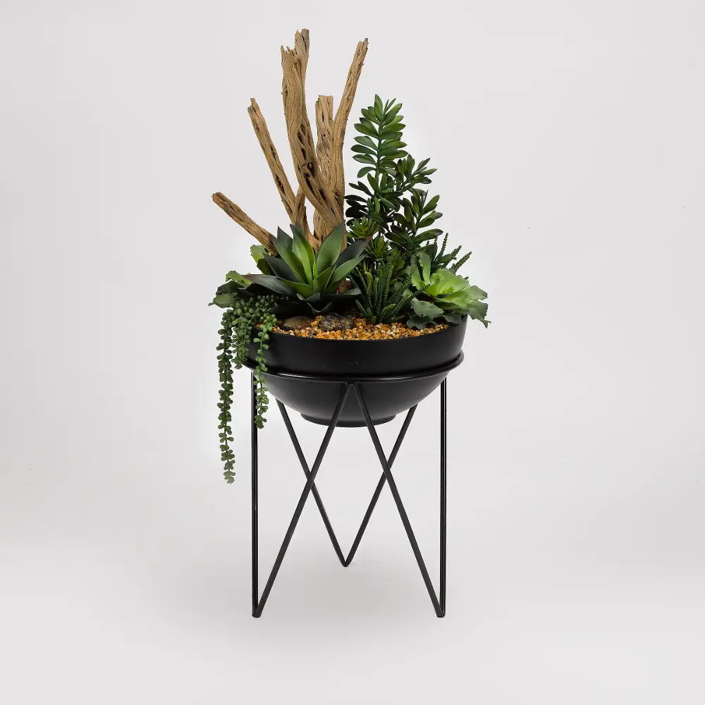 Faux Succulents and Driftwood Arrangement in Black Resin Bowl-1