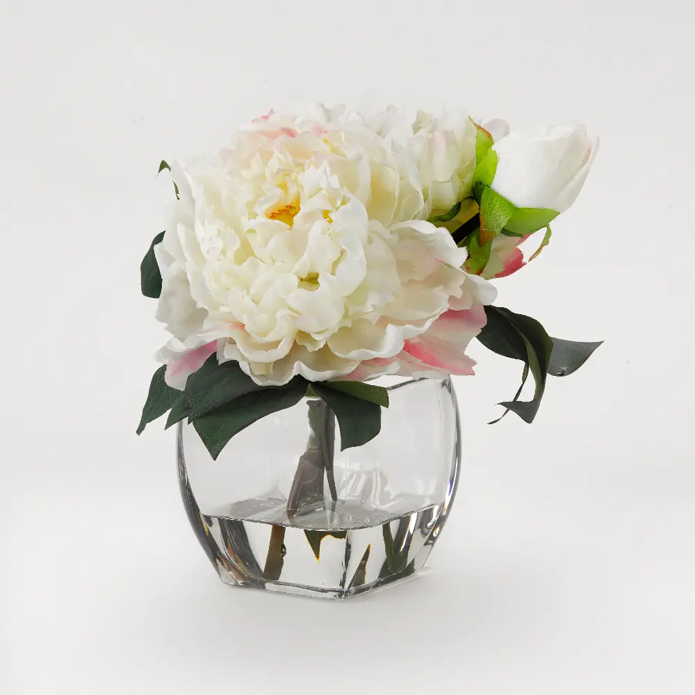 Faux White Peony Arrangement in Glass Cube-1