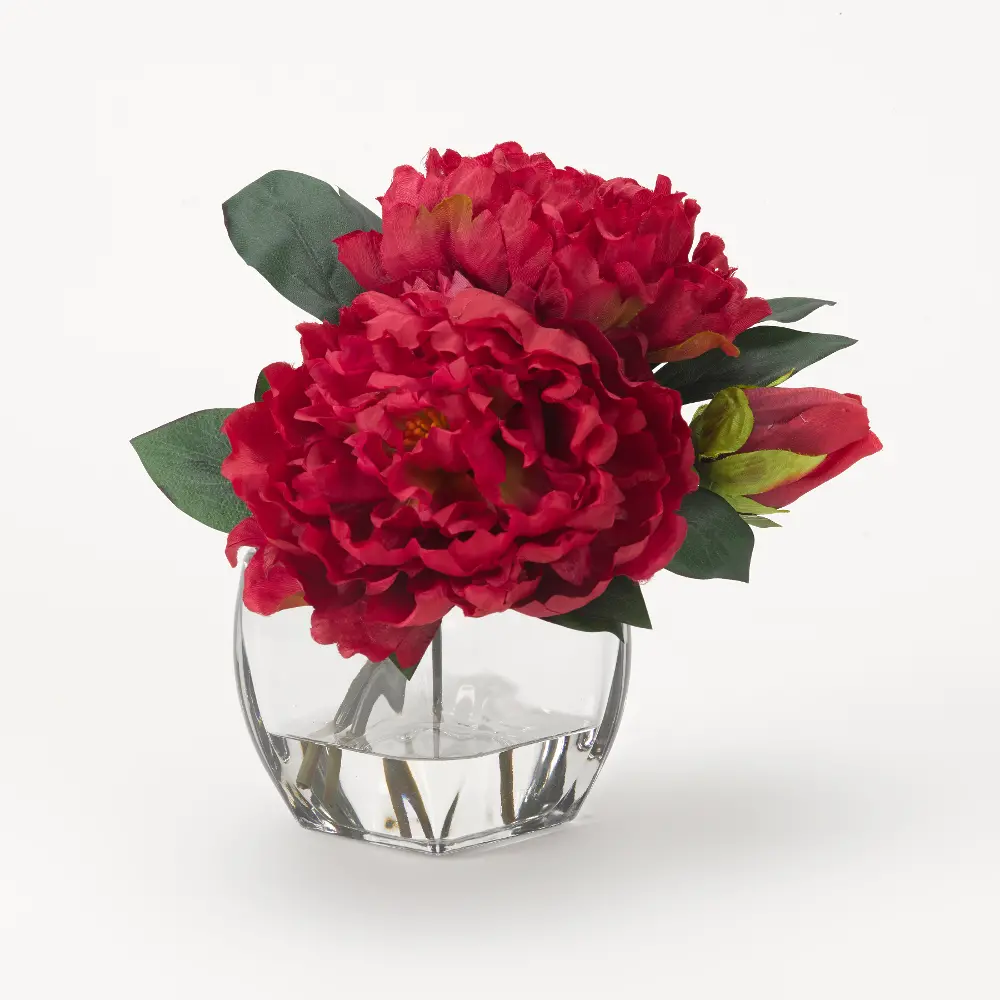 Faux Pink Cerise Peony Arrangement in Glass Cube-1