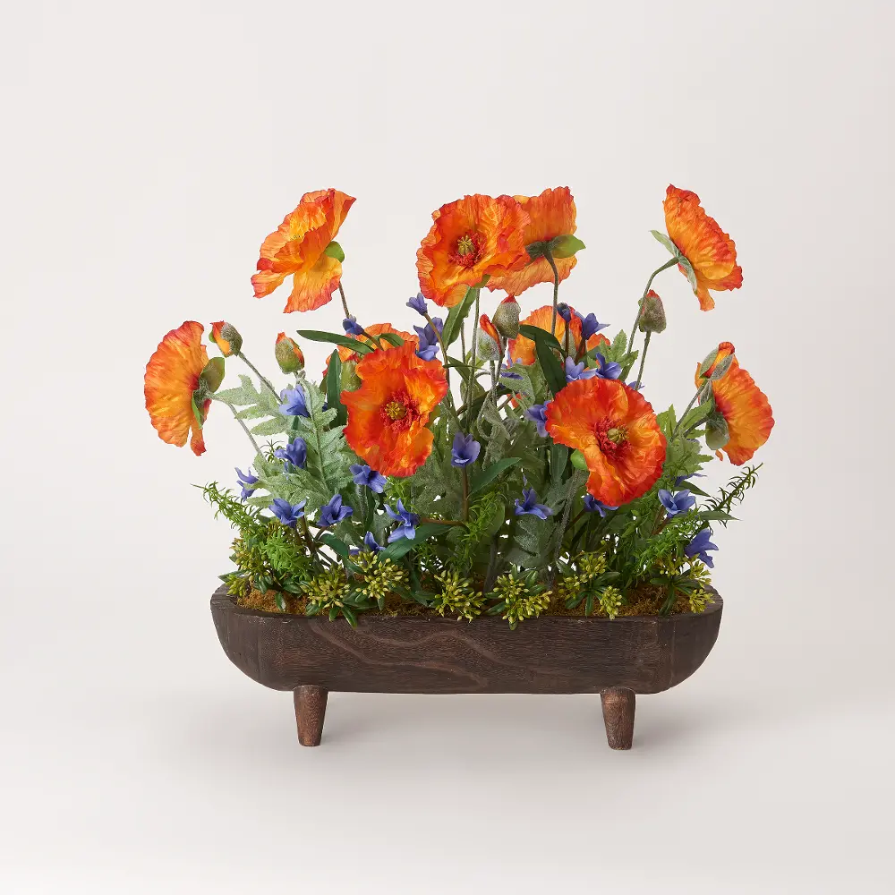 Faux Orange Poppies and Blue Wildflower Arrangement in Planter-1