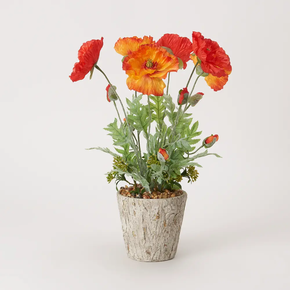 Red and Orange Faux Poppy Arrangement in Cement Planter-1