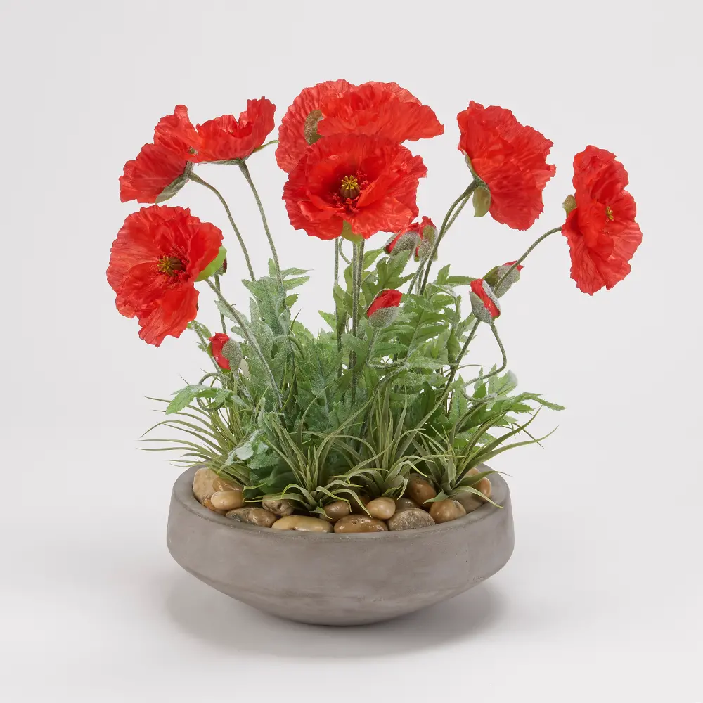 Faux Red Poppies Arrangement in Cement Bowl-1