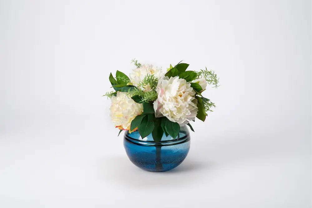 Faux Cream Peony Arrangement in Blue Glass Bowl-1