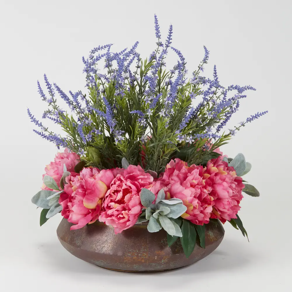 Faux Pink Peony Arrangement with Lavender in Aged Copper Bowl-1
