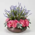 Faux Pink Peony Arrangement with Lavender in Aged Copper Bowl