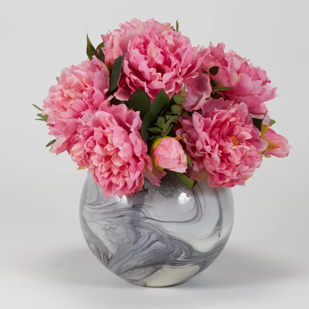 Faux Pink Peony Arrangement in Marbled Glass Bowl-1