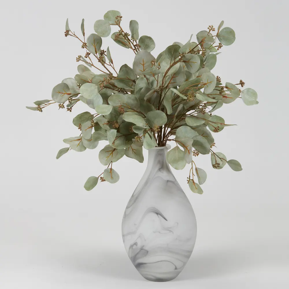 Faux Eucalyptus Branch Arrangement in Marbled Glass Vase-1