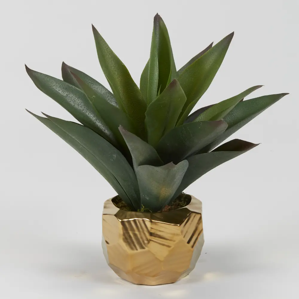 Green Faux Aloe Plant Arrangement in Gold Ceramic Planter-1