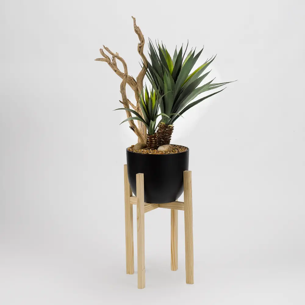 Faux Star Succulent and Driftwood Arrangement in Black Planter and Tan Stand-1