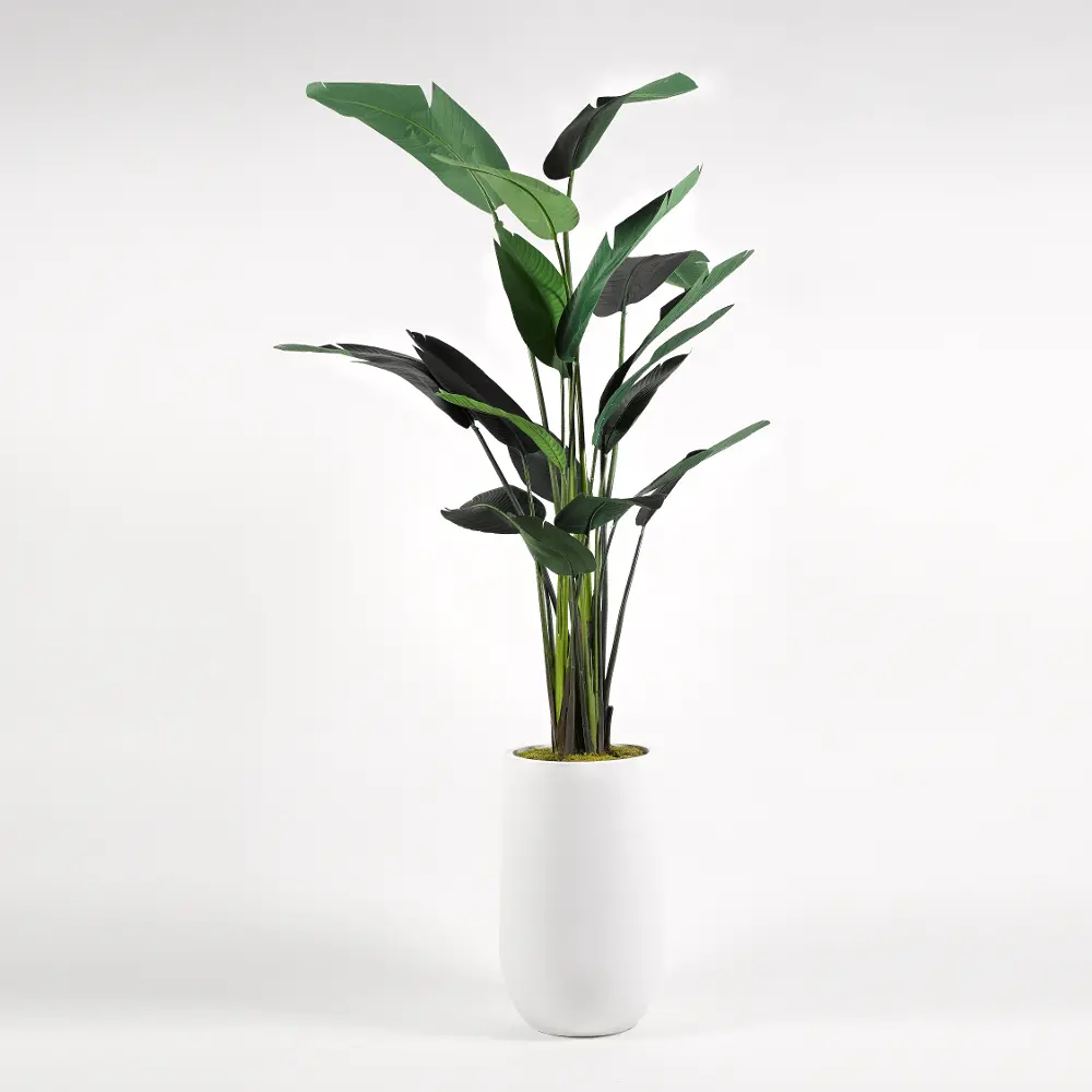 Faux Green Traveler Palm Tree Arrangement in White Planter-1