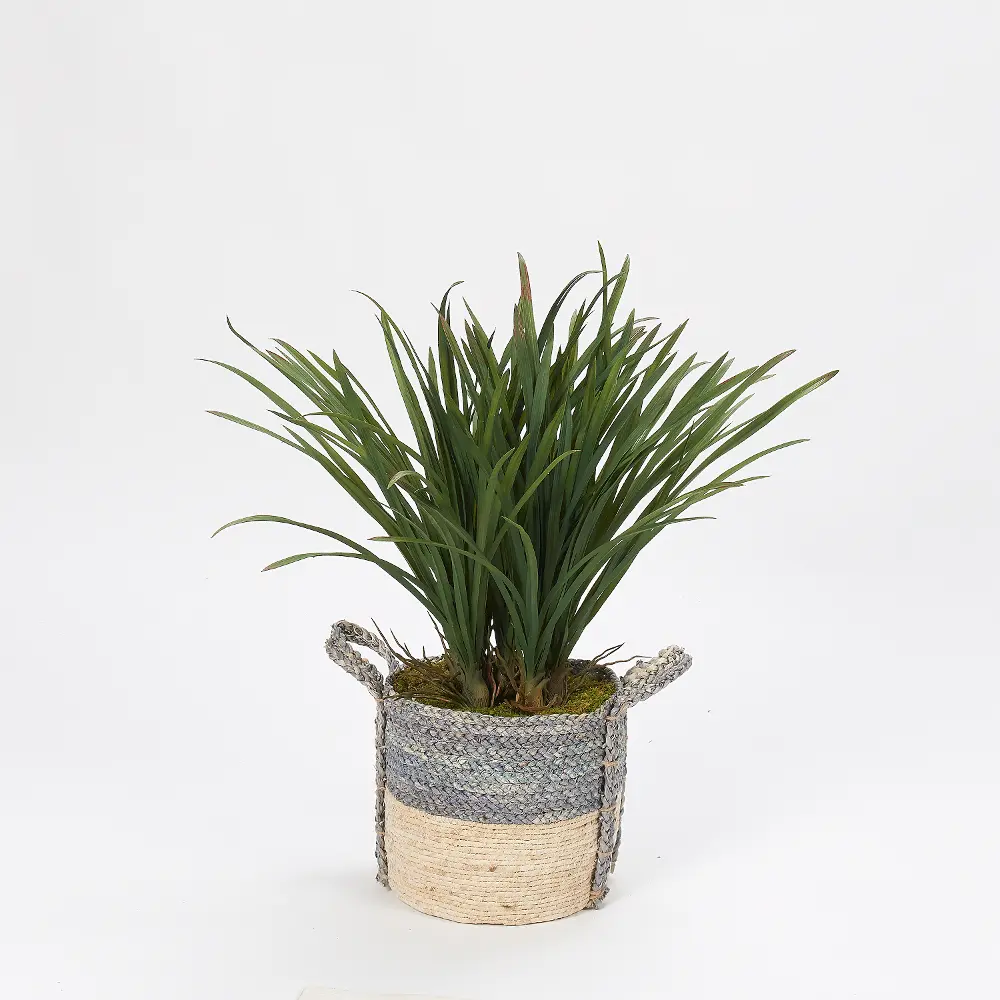 Faux Areca Green Grass Arrangement in Gray Basket-1