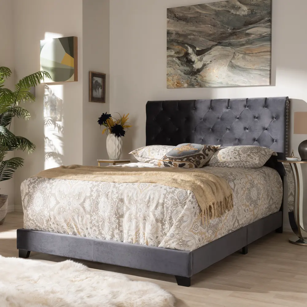 Glam Dark Gray Velvet Upholstered Full Bed - Katelin-1