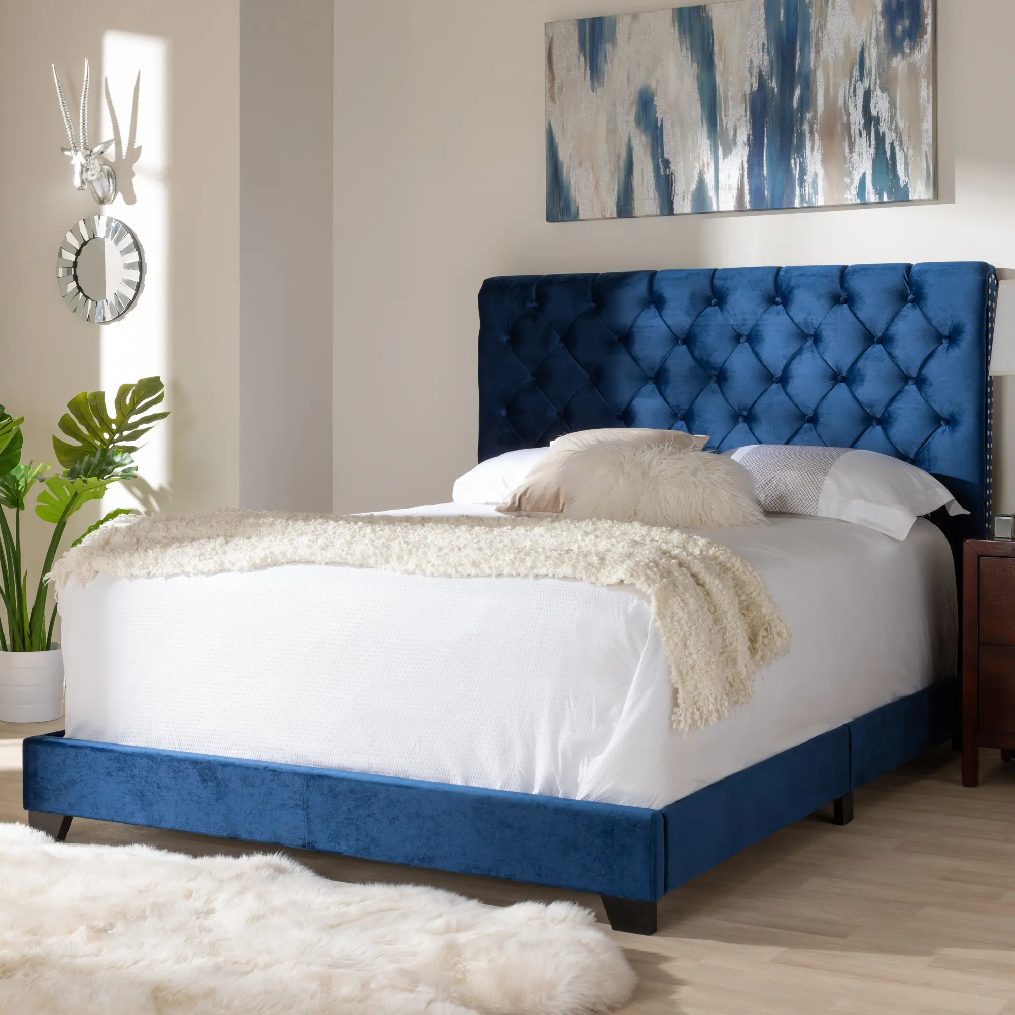 Glam Navy Blue Velvet Upholstered Queen Bed - Katelin