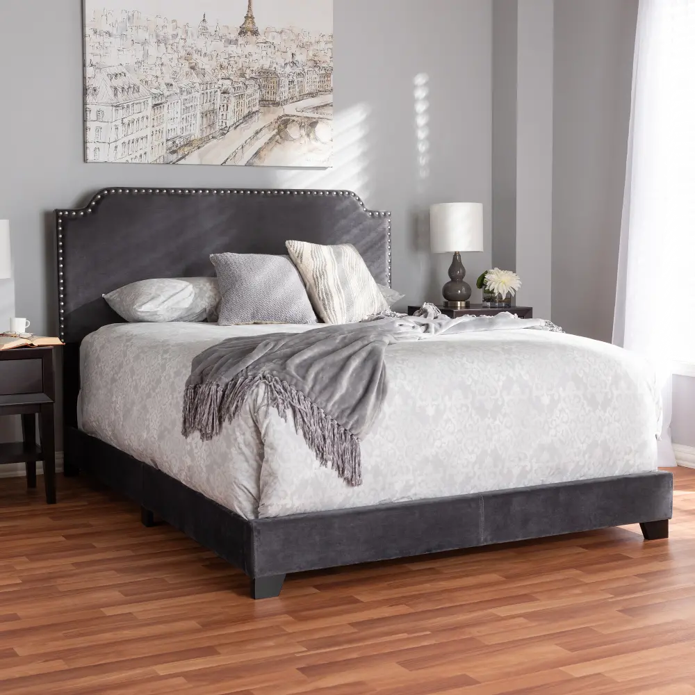 149-8956-RCW Glam Dark Gray Velvet Upholstered Full Bed - Eleanora-1