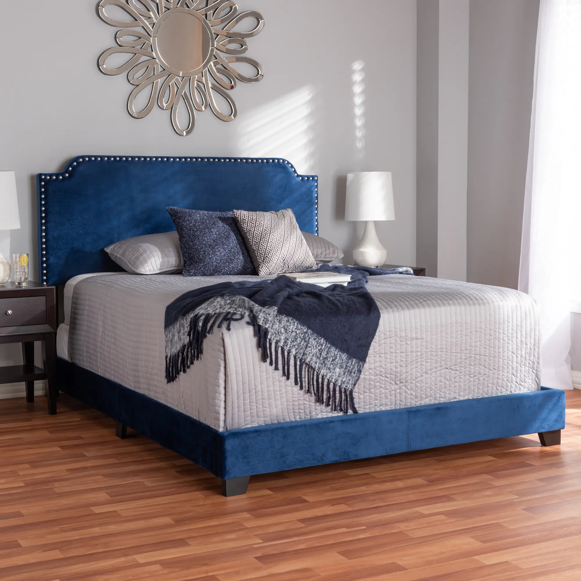 Glam Navy Blue Velvet Upholstered Queen Bed - Eleanora