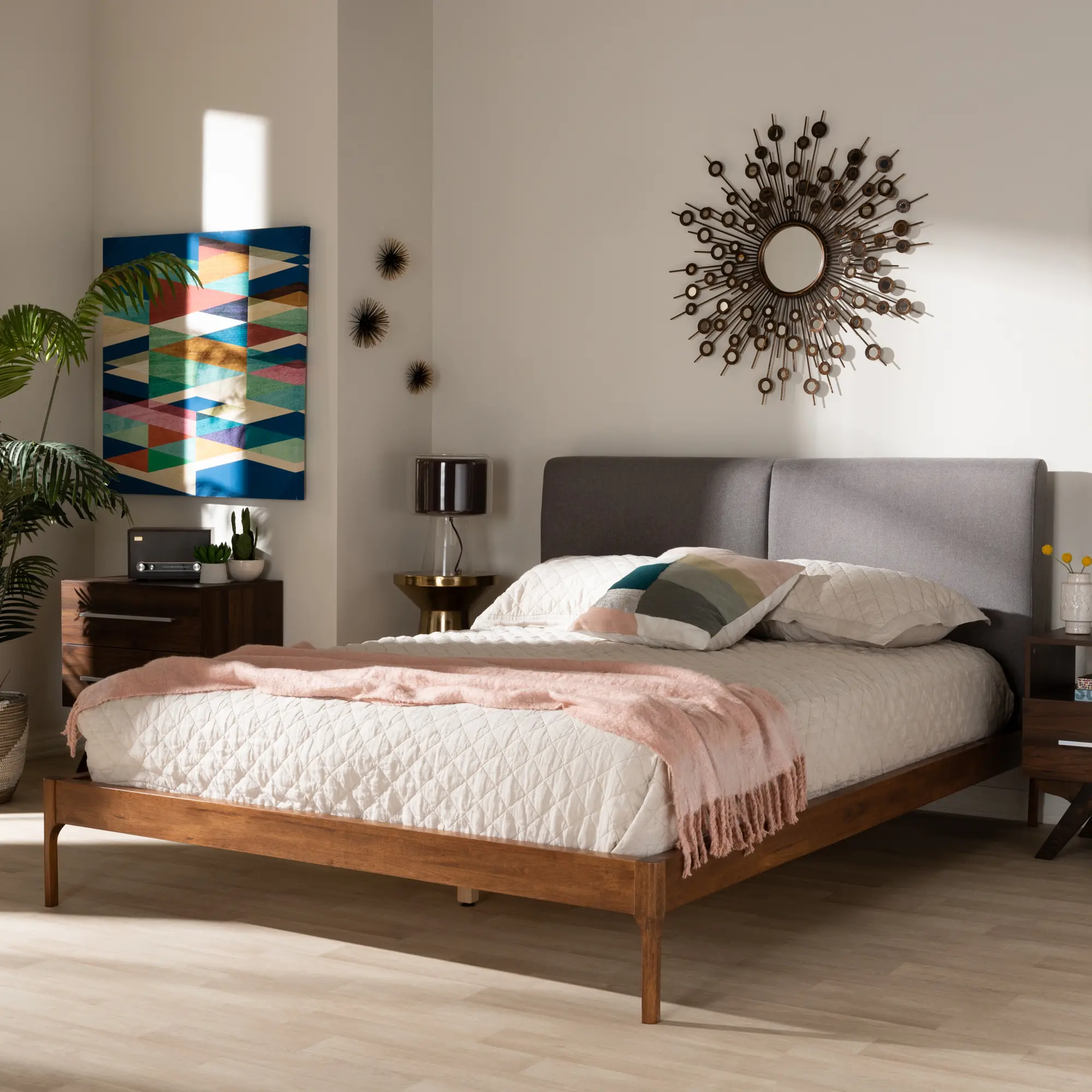 Mid-Century Gray and Walnut Upholstered Platform Queen Bed - Anneka