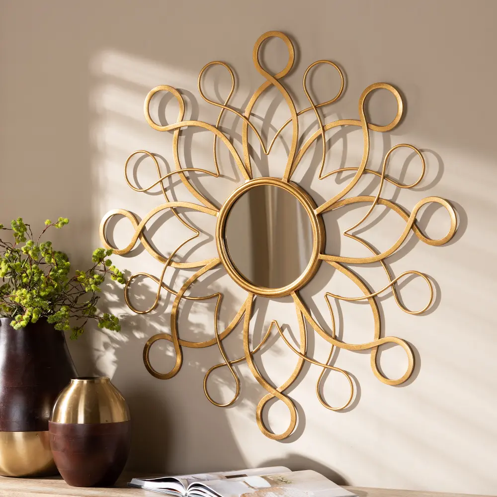 150-8894-RCW Contemporary Gold Round Accent Wall Mirror - Terrance-1