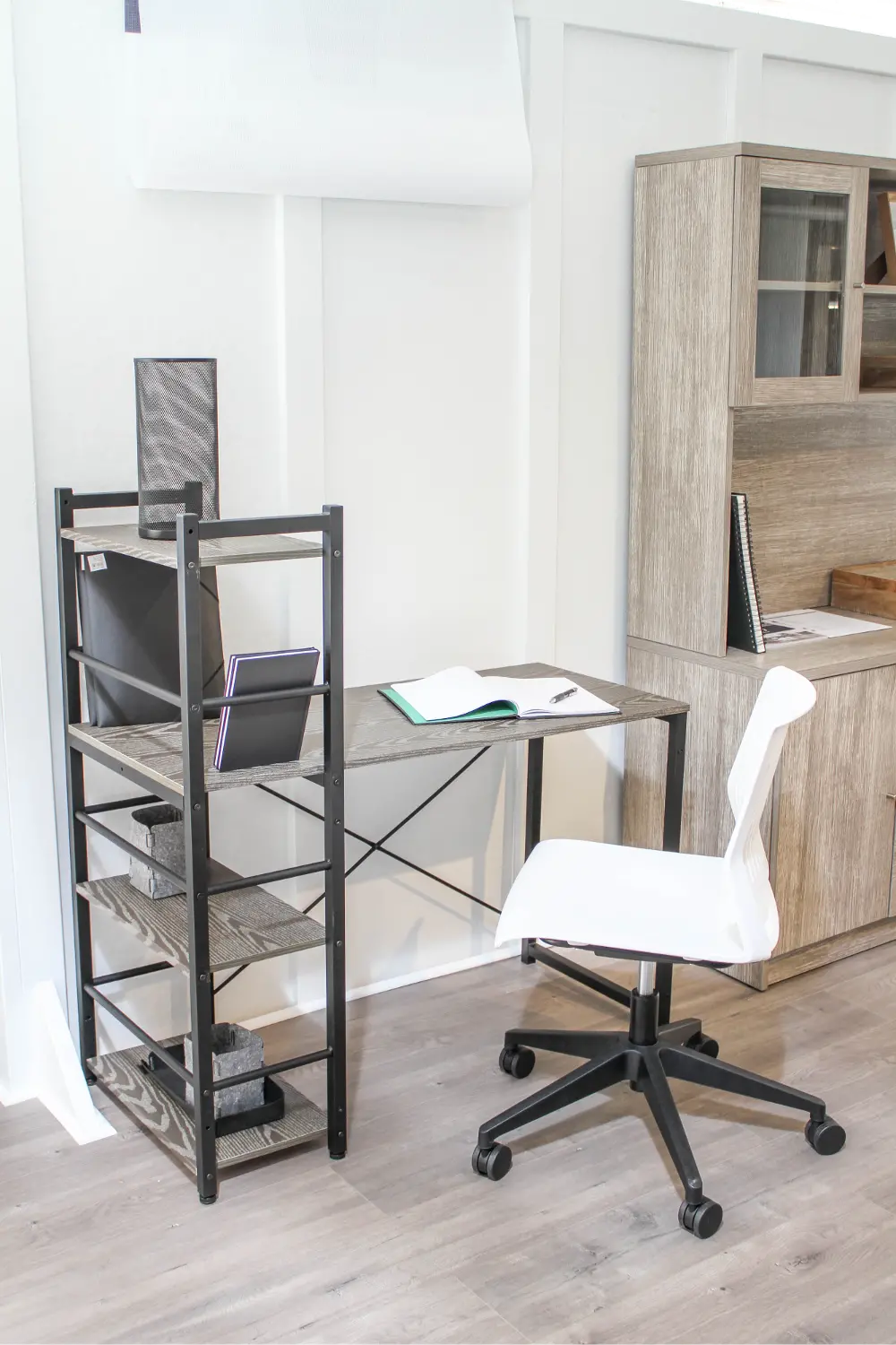 Gray Industrial Desk with Bookcase-1