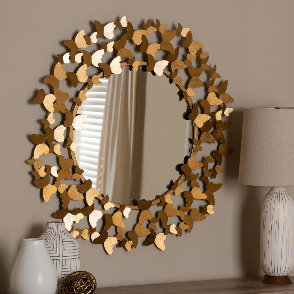 150-8888-RCW Gold Butterfly Round Accent Wall Mirror - Cherette-1