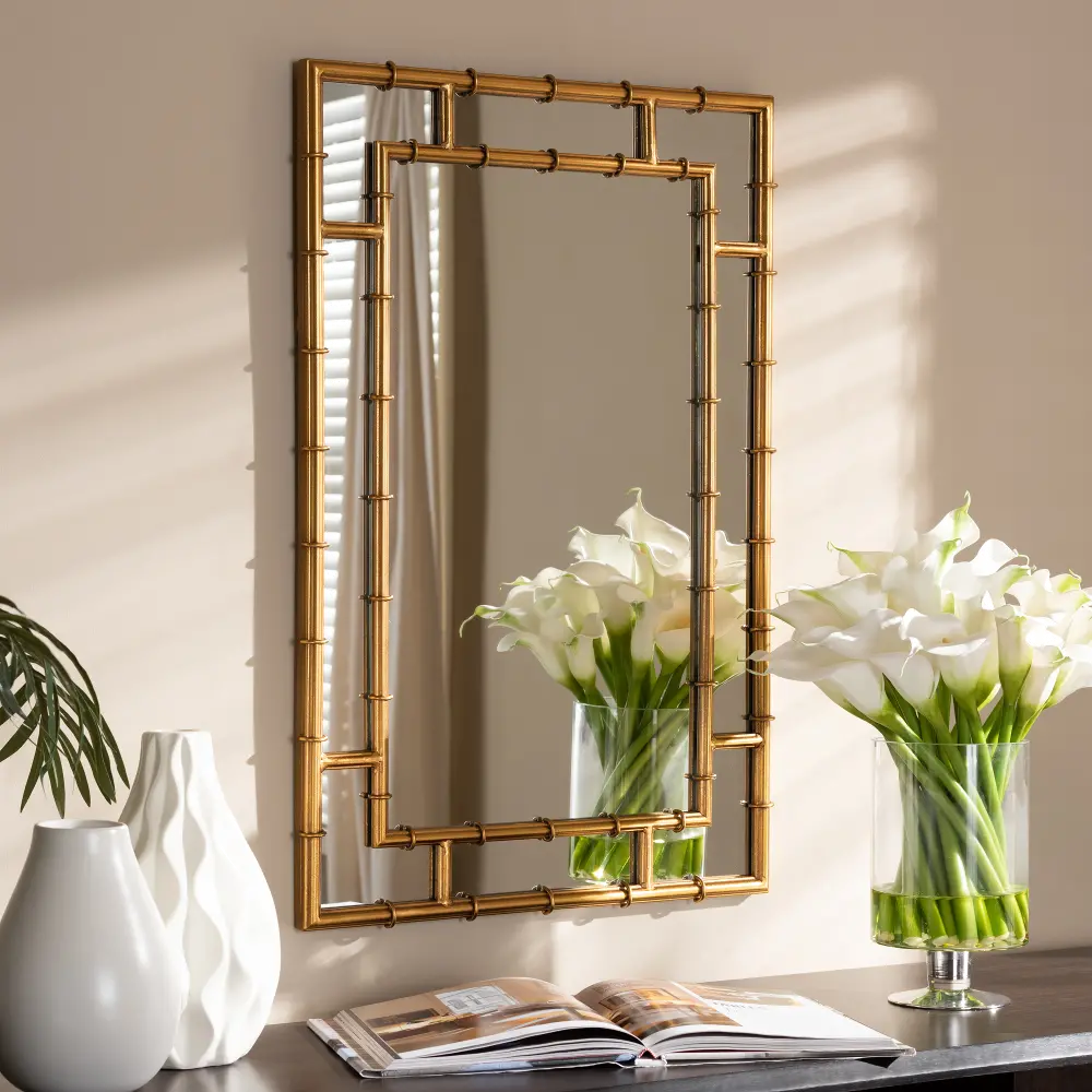 150-8891-RCW Modern Gold Bamboo Accent Wall Mirror - Phemie-1