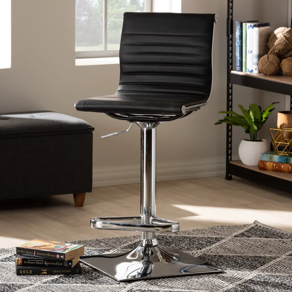 150-9123-RCW Black and Chrome Faux Leather Adjustable Bar Stool - Oliver-1