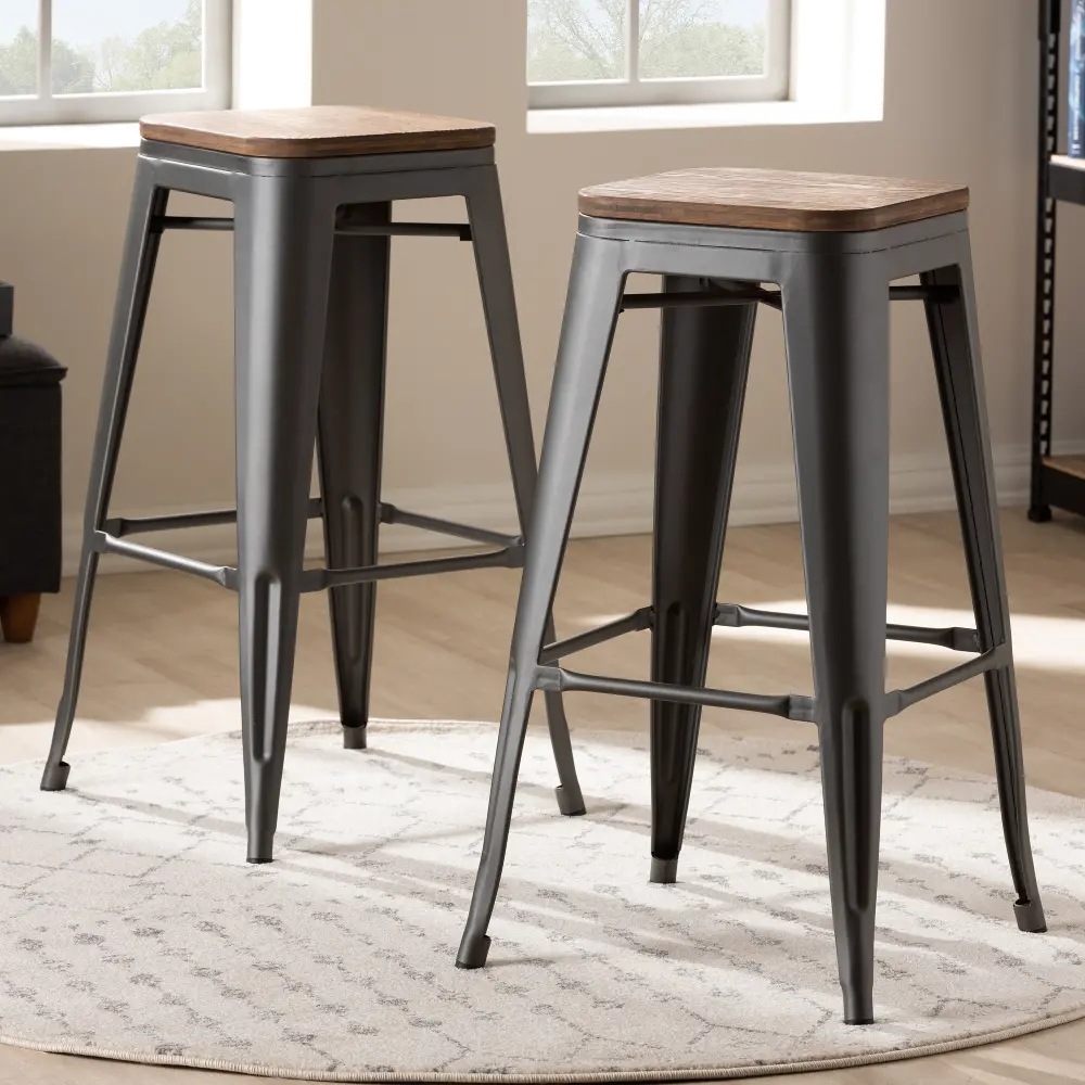 150-9129-RCW Industrial Brown and Gun Metal 30 Inch Stackable Bar Stool (Set of 2) - Melville-1