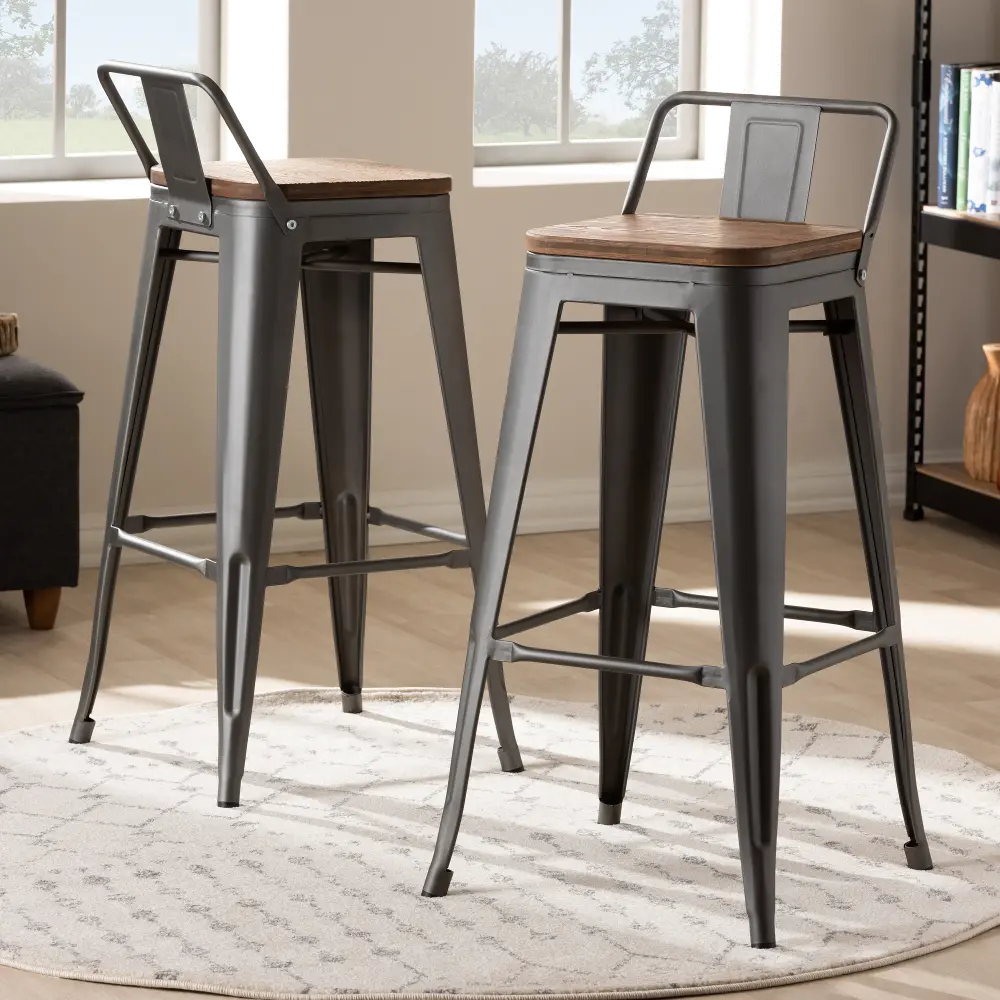 150-9126-RCW Industrial Brown and Gun Metal 30 Inch Stackable Bar Stool with Back (Set of 2)- Melville-1