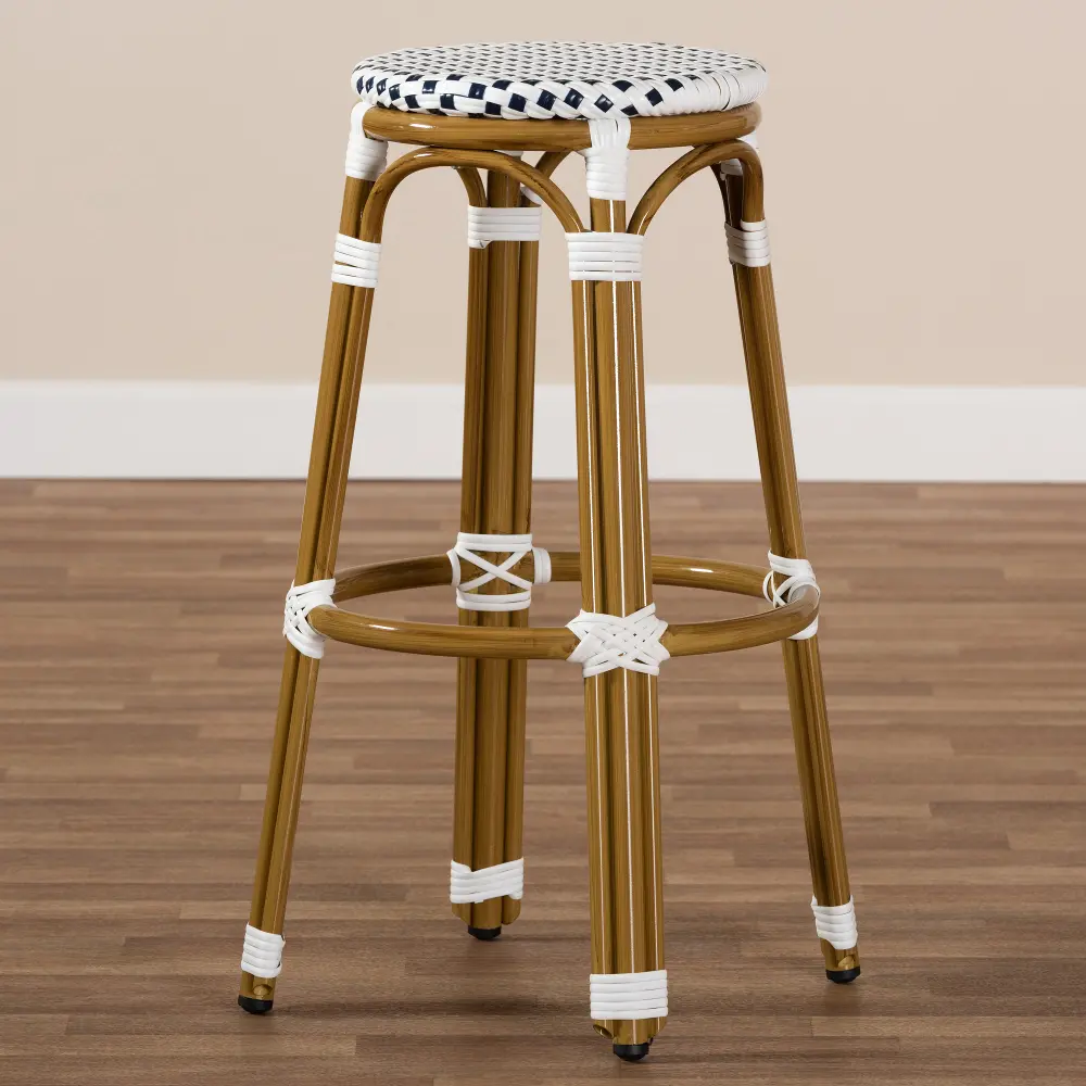 150-8983-RCW Navy and White Bamboo Style Bar Stool - Joelle-1