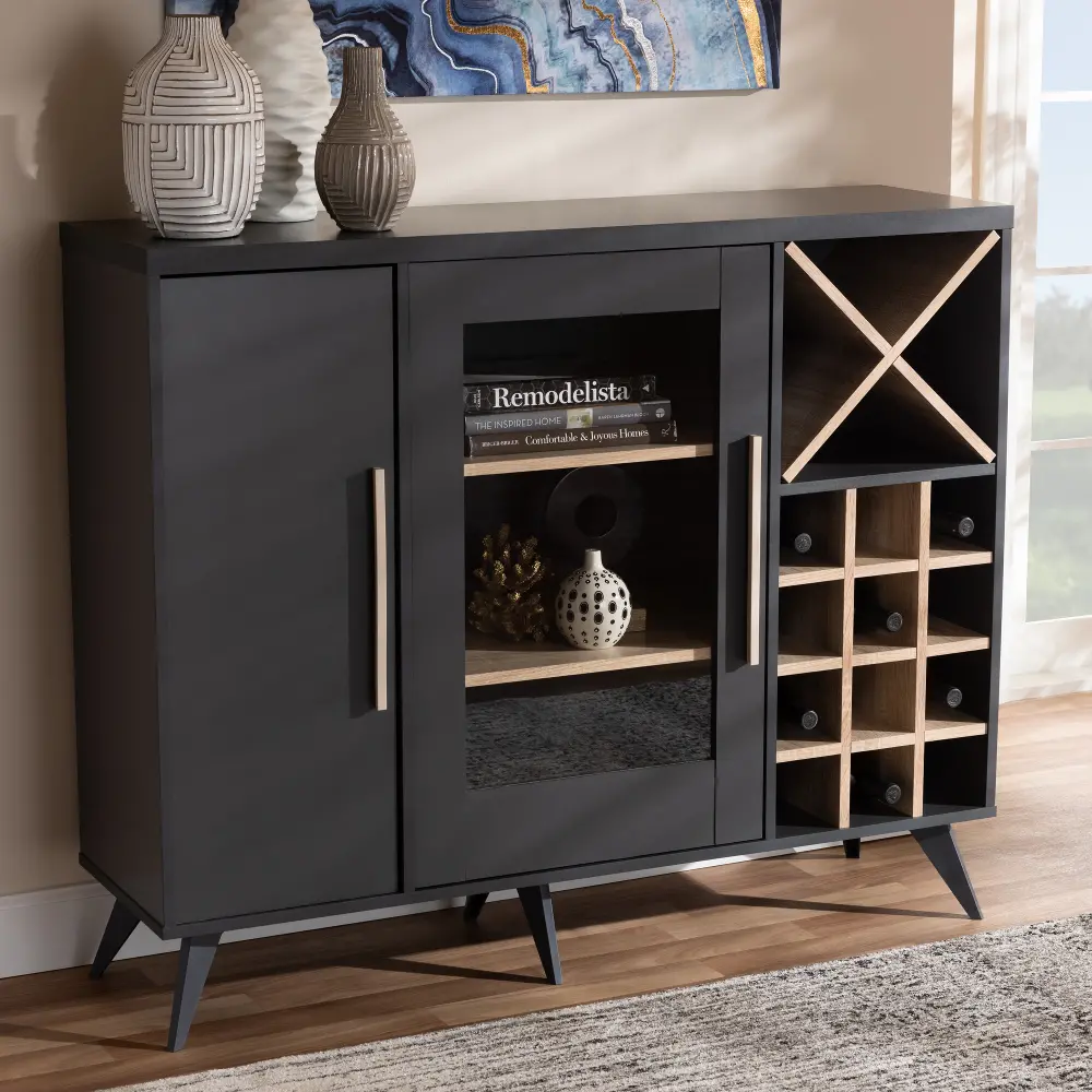 Laurie Mid Century Dark Gray and Oak Wine Cabinet-1