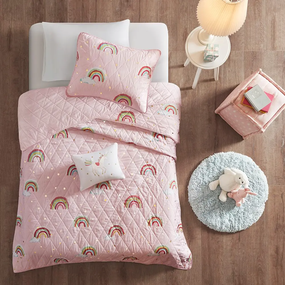 Pink and Rainbow Twin Alicia 3 Piece Bedding Collection-1