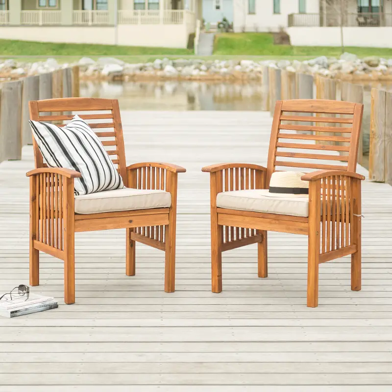 Acacia Wood Outdoor Patio Chairs with Cushions, Set of 2