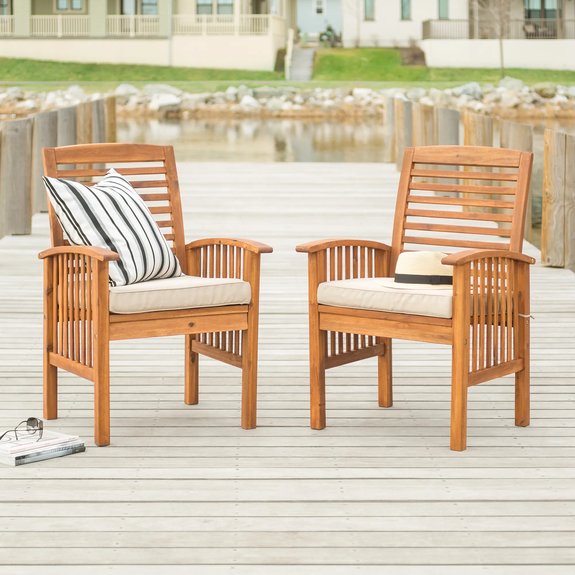 OWC2BR Acacia Wood Outdoor Patio Chairs with Cushions, se sku OWC2BR