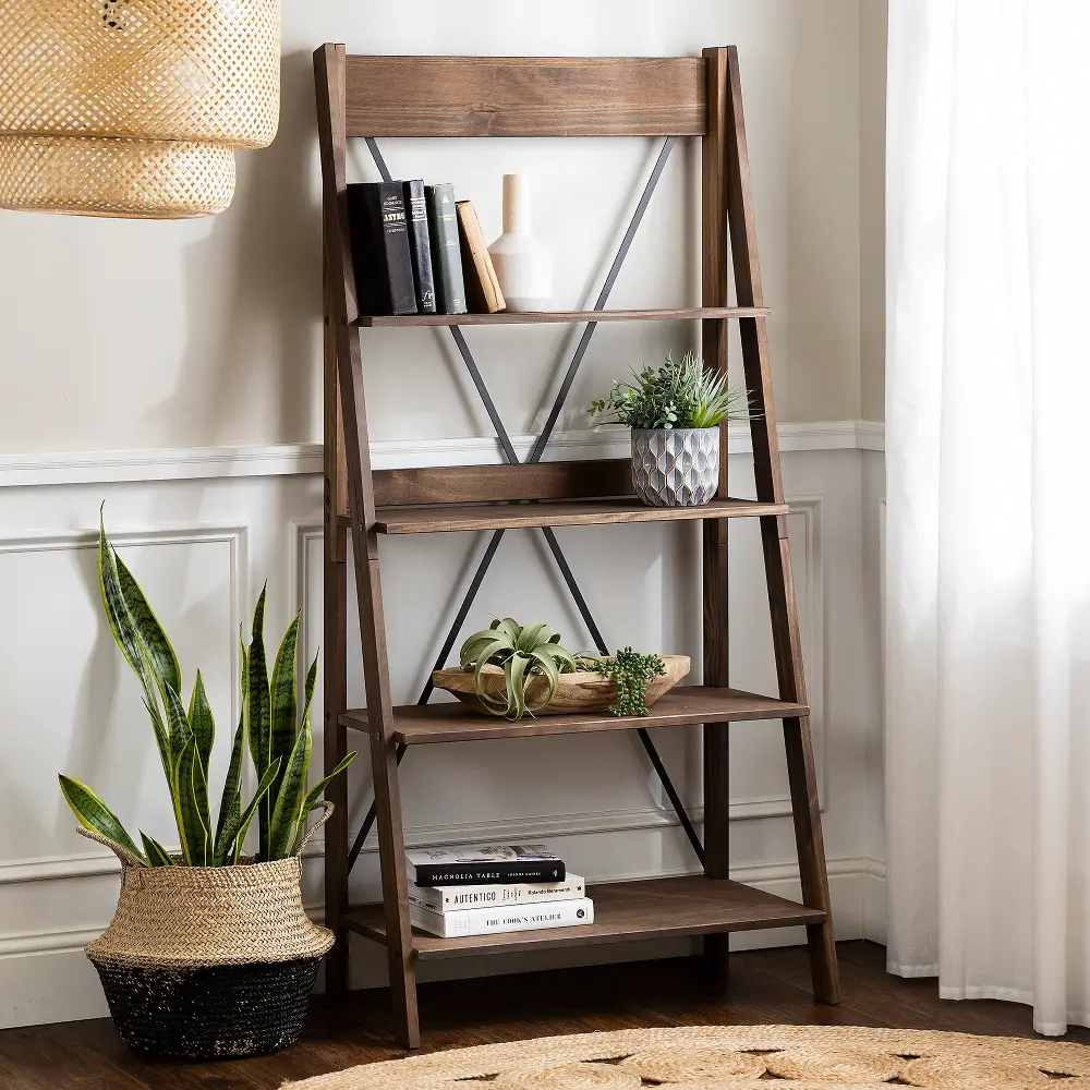 BS68FRSWBR 68  Solid Wood Ladder Bookshelf - Walker Edison-1