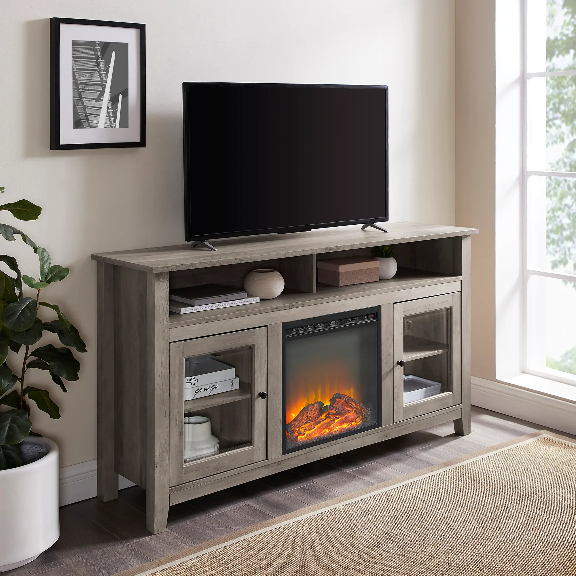 Photos - Mount/Stand Walker Edison Transitional Fireplace Glass Wood 58 Inch TV Stand - Walker 