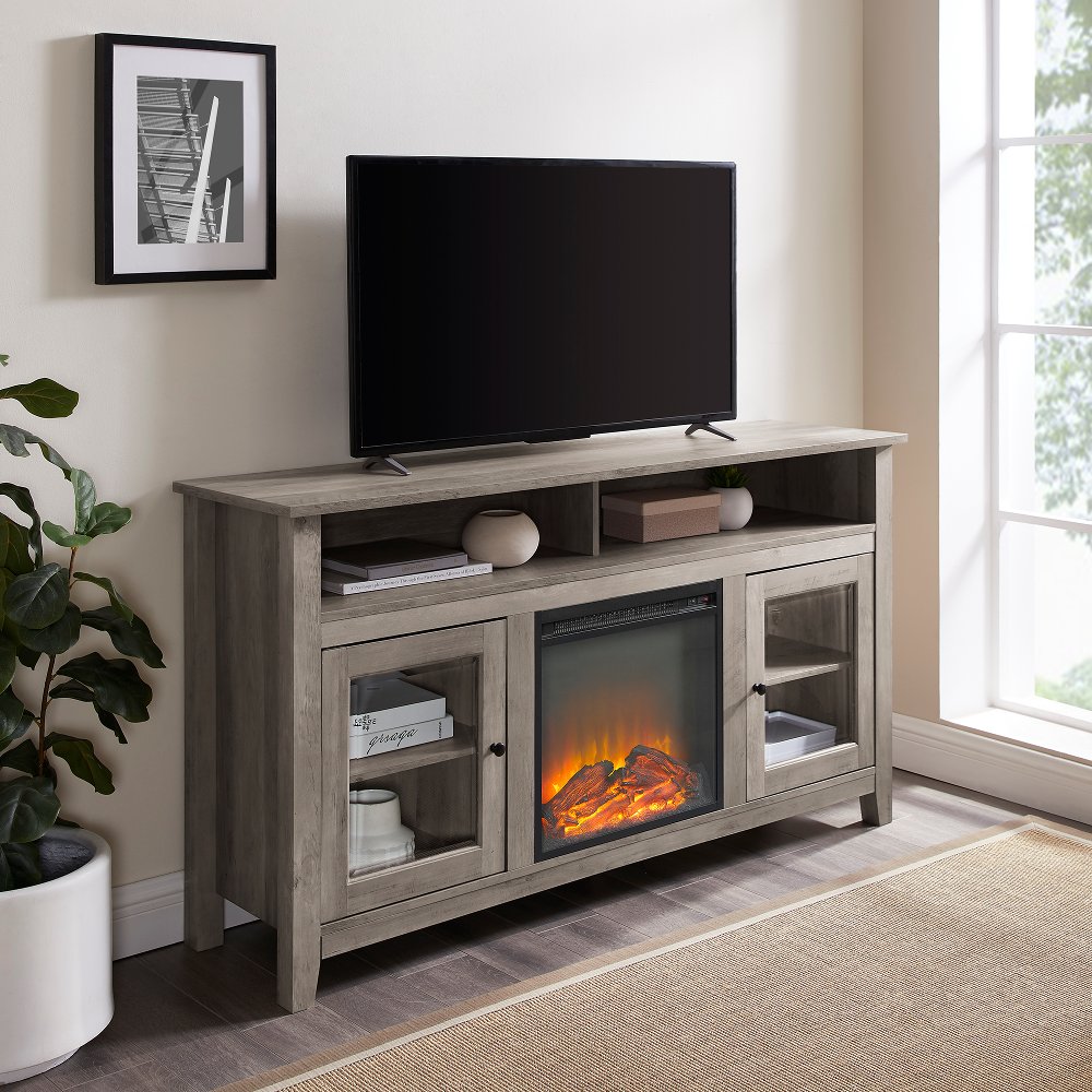 Transitional Fireplace Glass Wood 58 Inch TV Stand - Walker Edison