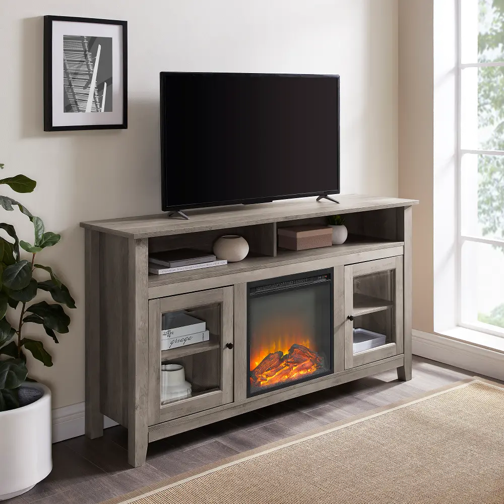 W58FP18HBGW Transitional Fireplace Glass Wood 58 Inch TV Stand - Walker Edison-1
