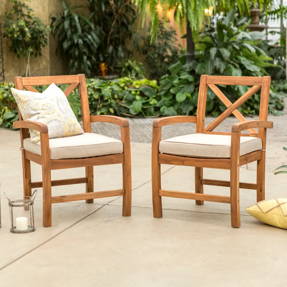 OWXB2BR Crosswinds Natural X-Back Outdoor Patio Chairs with Cushions, set of 2 - Walker Edison-1