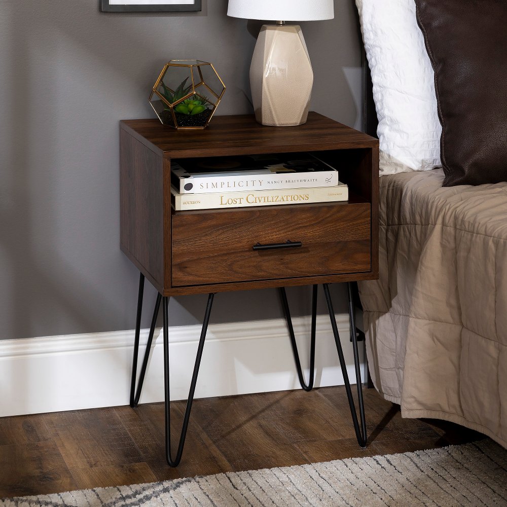 Dark Walnut Hairpin Leg Nightstand - Walker Edison