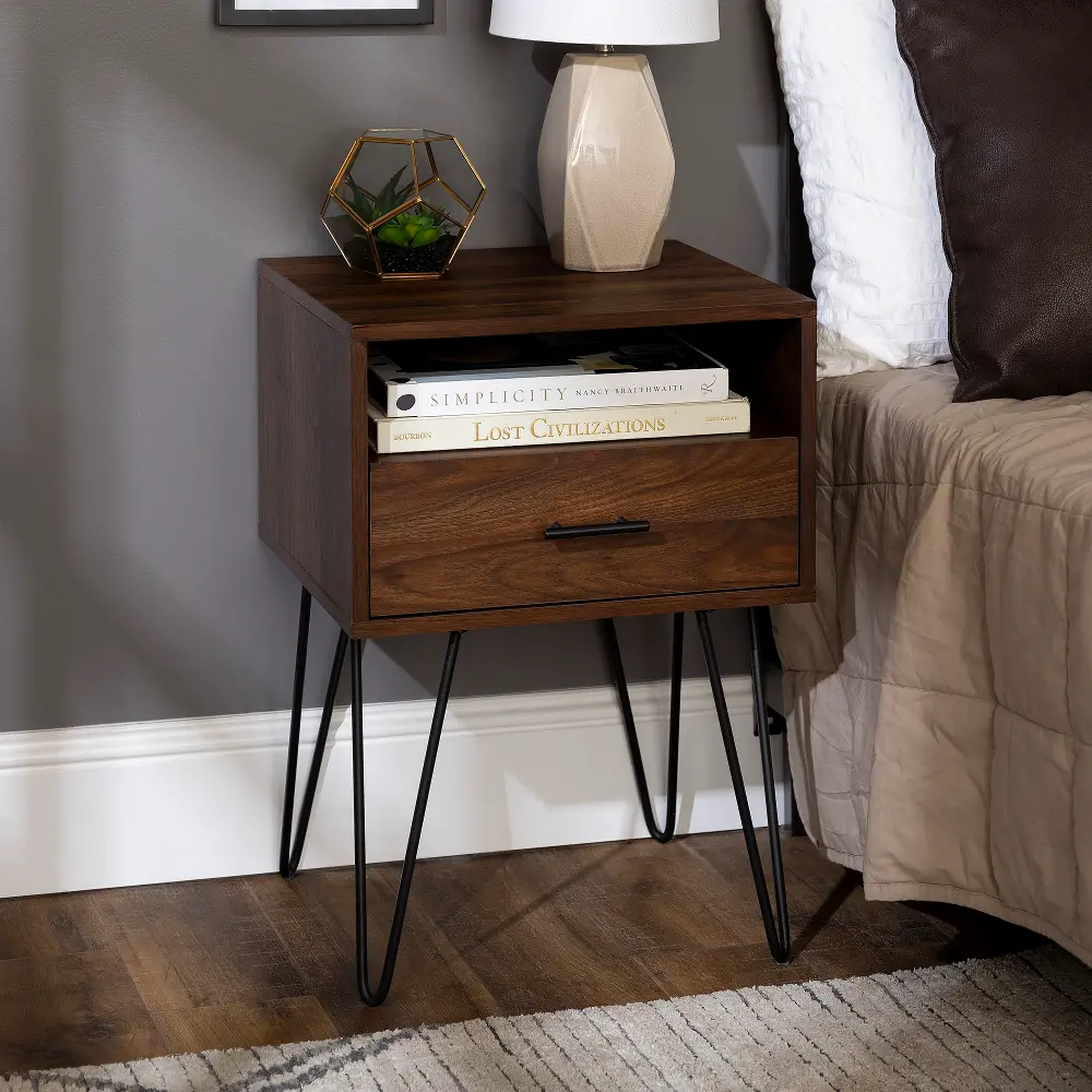 AF18CRFSTDW Dark Walnut Hairpin Leg Nightstand - Walker Edison-1